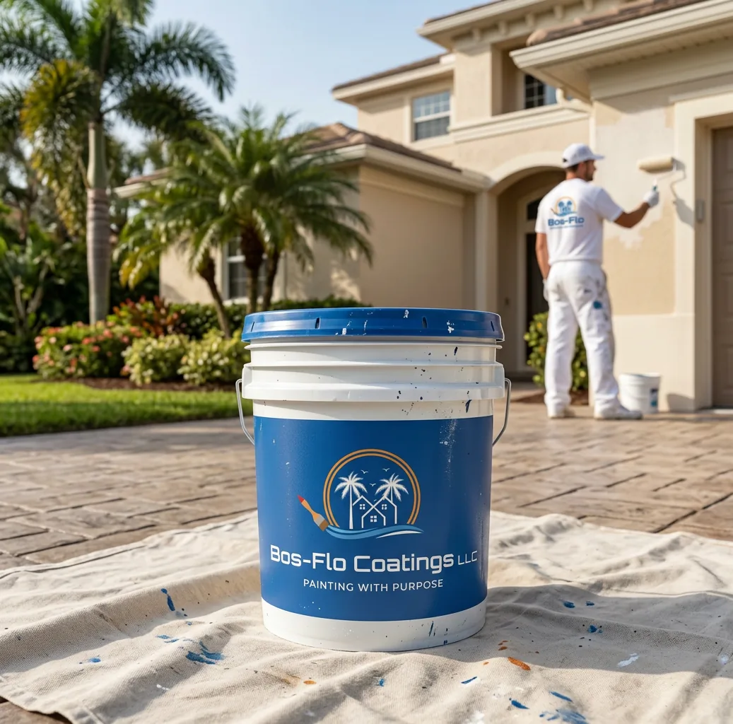 Bos-Flo Coatings paint bucket in front of a Florida home exterior being painted