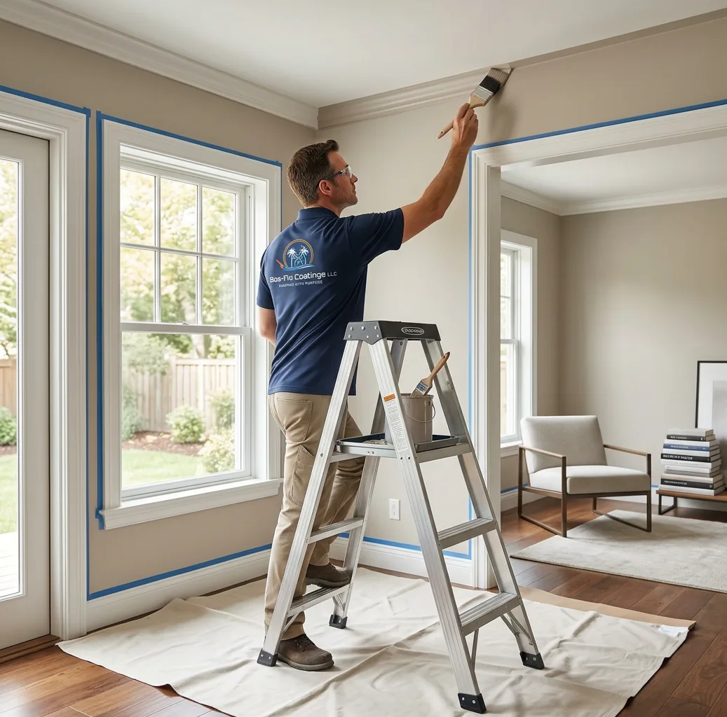 Bos-Flo Coatings painter cutting in interior wall paint near crown molding