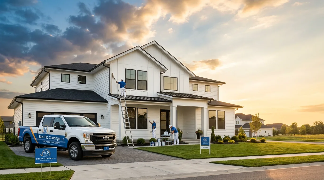 Exterior painters in white uniforms applying paint on a large modern white house during sunset with a Bos-Flo Coatings truck